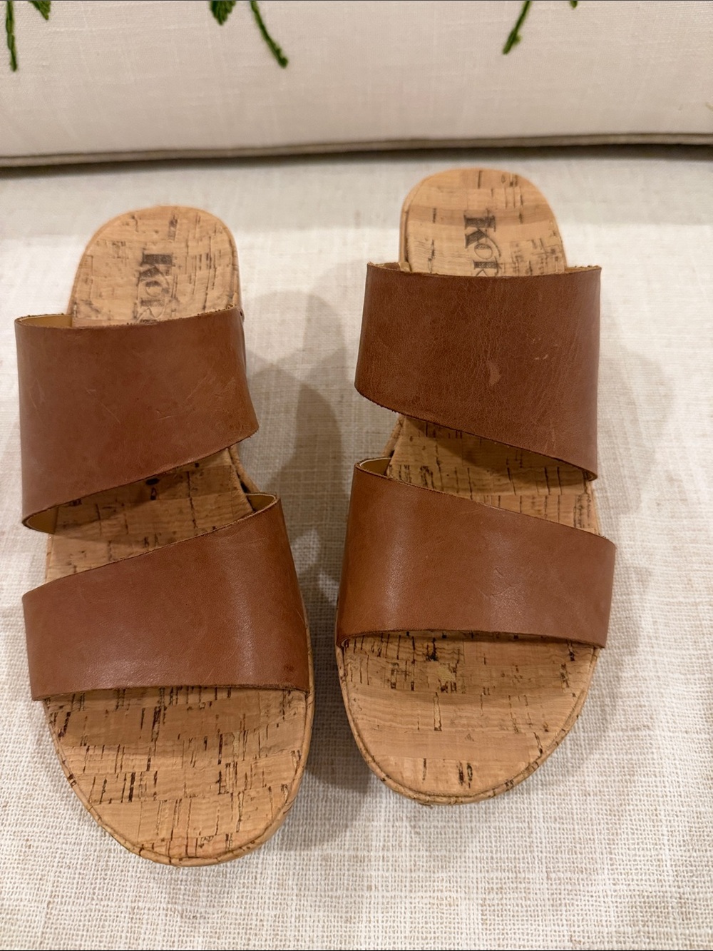 Kork-Ease Brown Leather Double-Strap Cork Slide Sandals